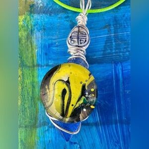 Art Glass Pendant Hand Painted Cabochon, Beaded, Wire Wrapped Handmade  4226 Y